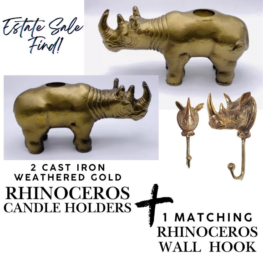 7 PC Lot of Iron Brass Rhinoceros Candlestick Holders & Wall Hooks Safari Theme